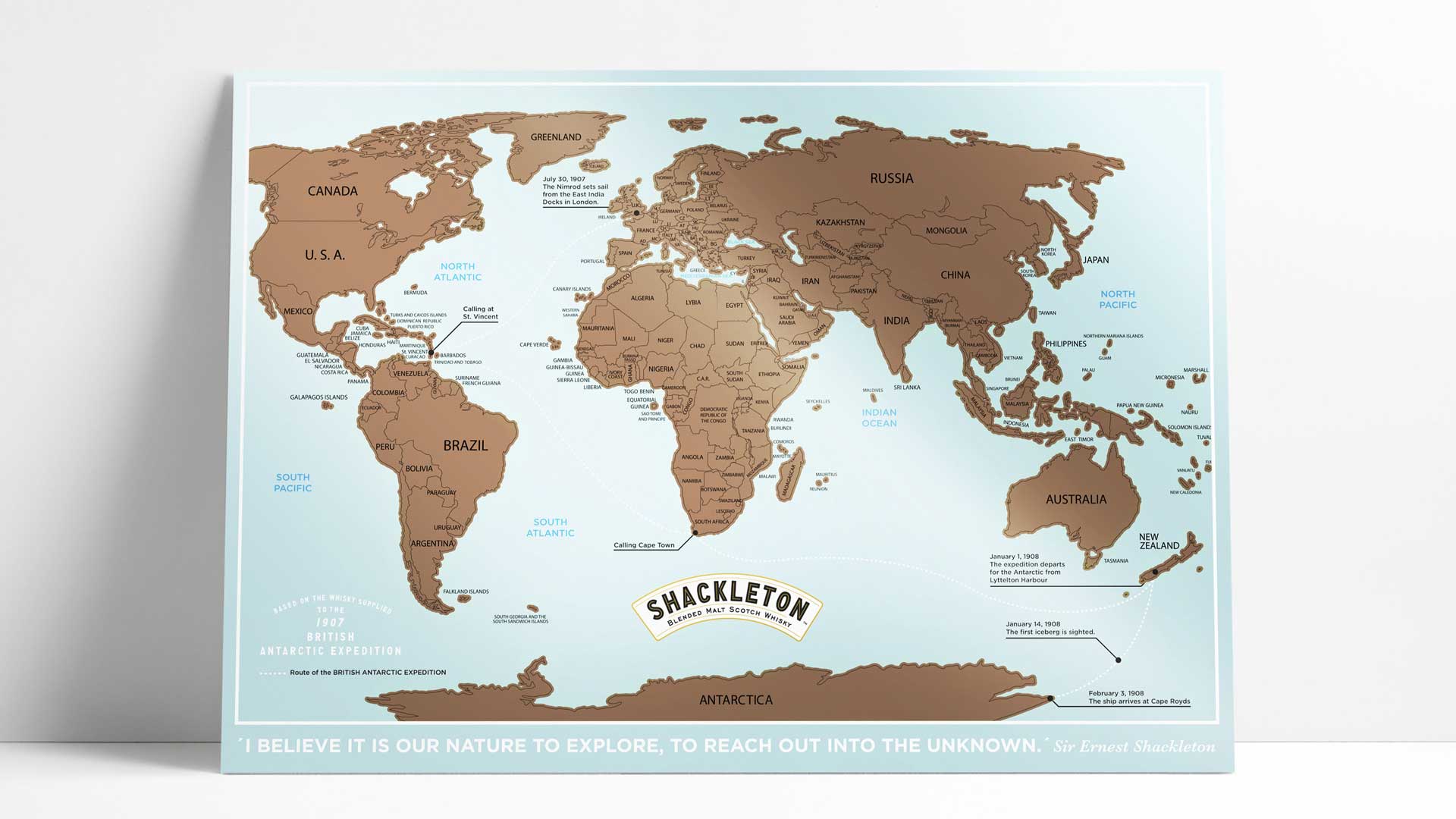 The scratch-off world map from Custom-Map™ is an advertising medium that works. The promotional item produced for Shackleton in use as onpack is sensational for all customers.